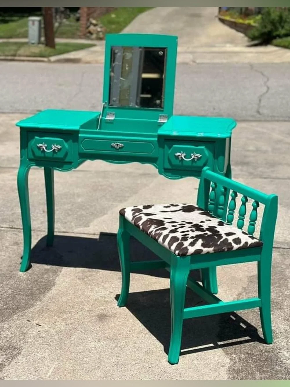 Teal Vintage Vanity Table with Matching Bench